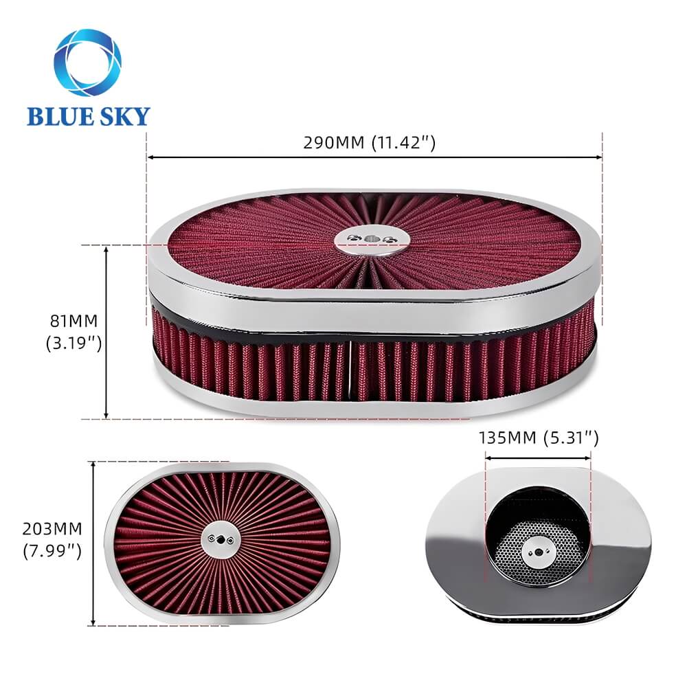 Size of High Performance Customized 12x2 Oval Air Filter Kit for 5-18 Carb Neck 고성능 크기 5-18 카브 넥용 맞춤형 12x2 타원형 에어 필터 키트