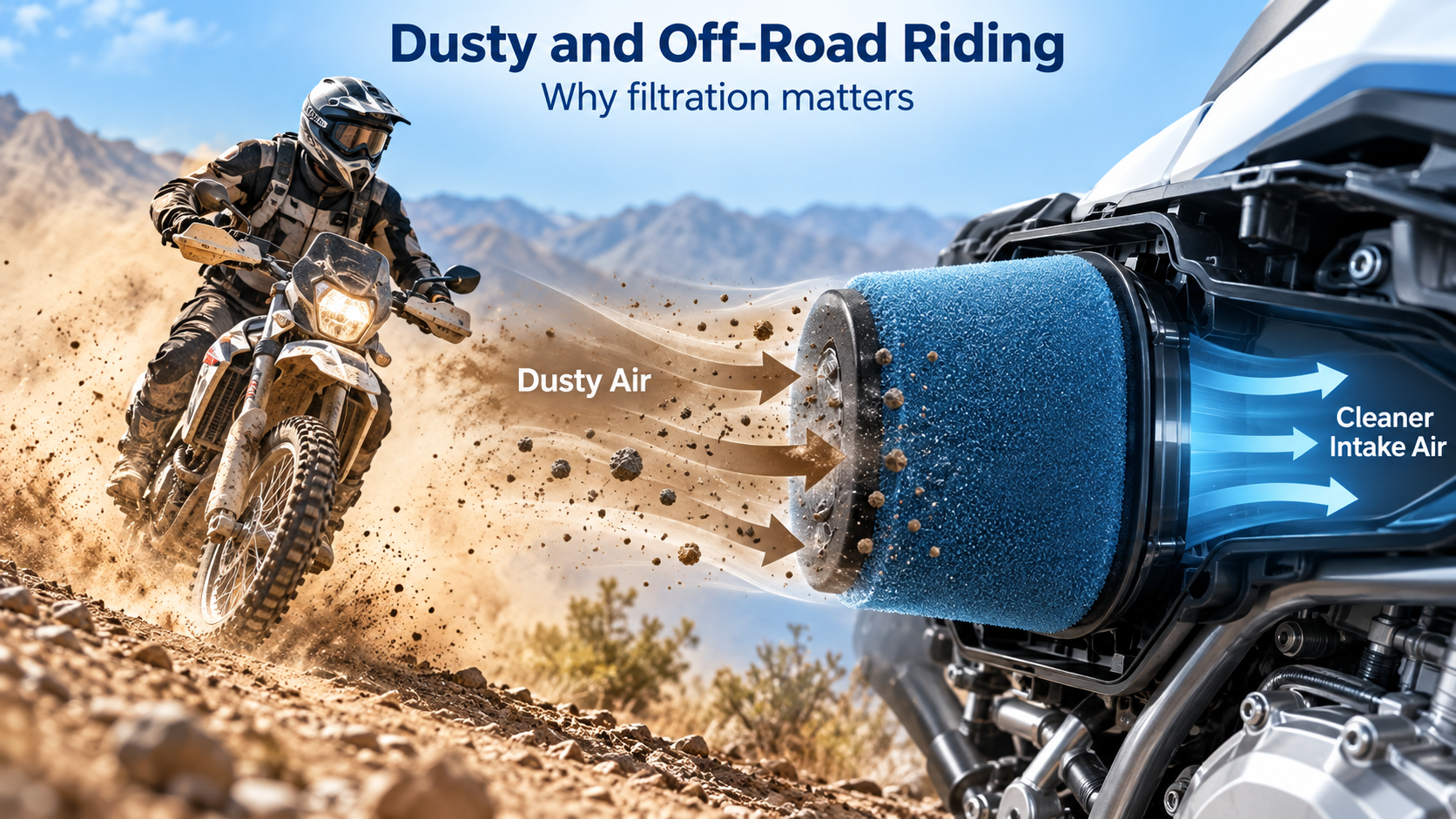 Motorcycle air filter protecting the engine from dust during off-road riding 오프로드 주행 시 먼지로부터 엔진을 보호하는 오토바이 에어 필터