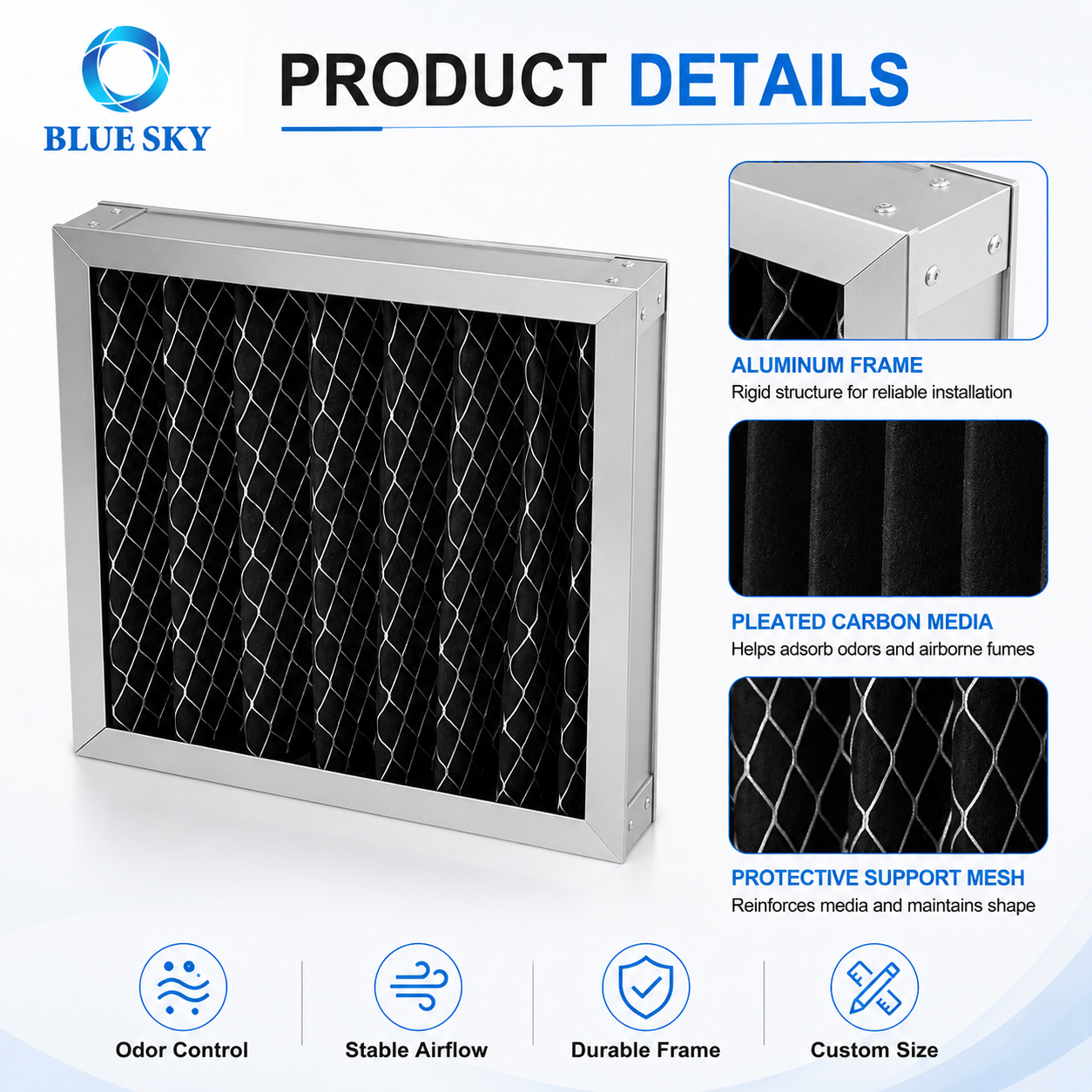 HVAC 환기 냄새 제어를 위한 알루미늄 프레임이 있는 활성화된 탄소 주름형 패널 공기 필터