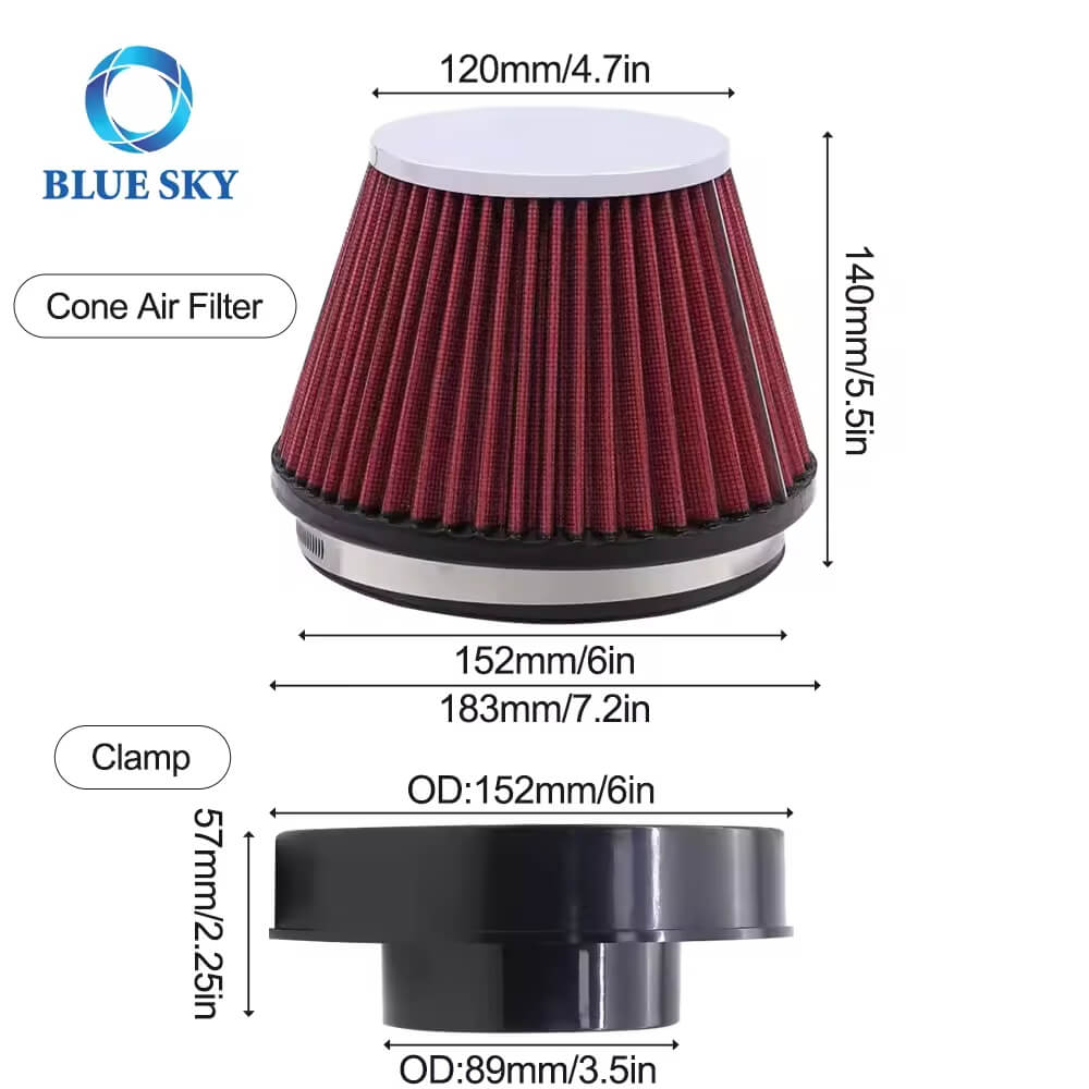 89mm 도매 자동 흡기 에어 필터, 6 인치 크기 맞춤형 유니버설 하이 플로우 자동차 에어 필터
