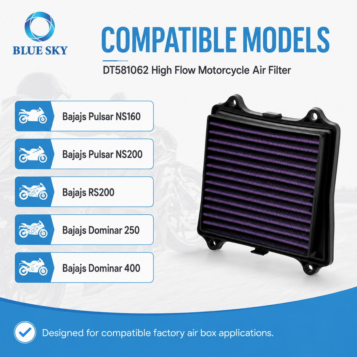 DT581062 Bajajs Rouser Pulsar RS200 NS160 NS125 Dominar 250 400과 호환되는 고유량 오토바이 에어 필터