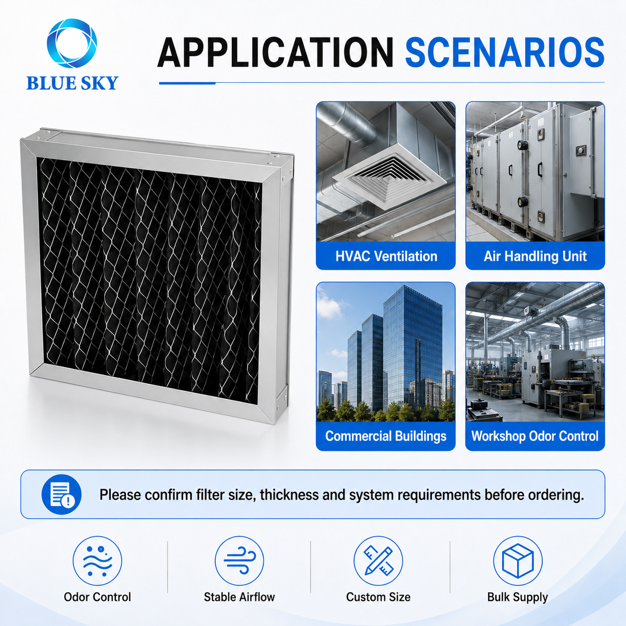 HVAC 환기 냄새 제어를 위한 알루미늄 프레임이 있는 활성화된 탄소 주름형 패널 공기 필터