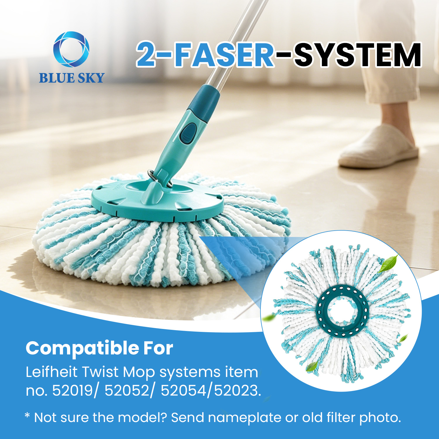 Leifheit Clean Twist Disc Mop M - 2섬유 바닥 청소용 걸레 리필용 원형 극세사 걸레 헤드 교체 맞춤형 사용 가능