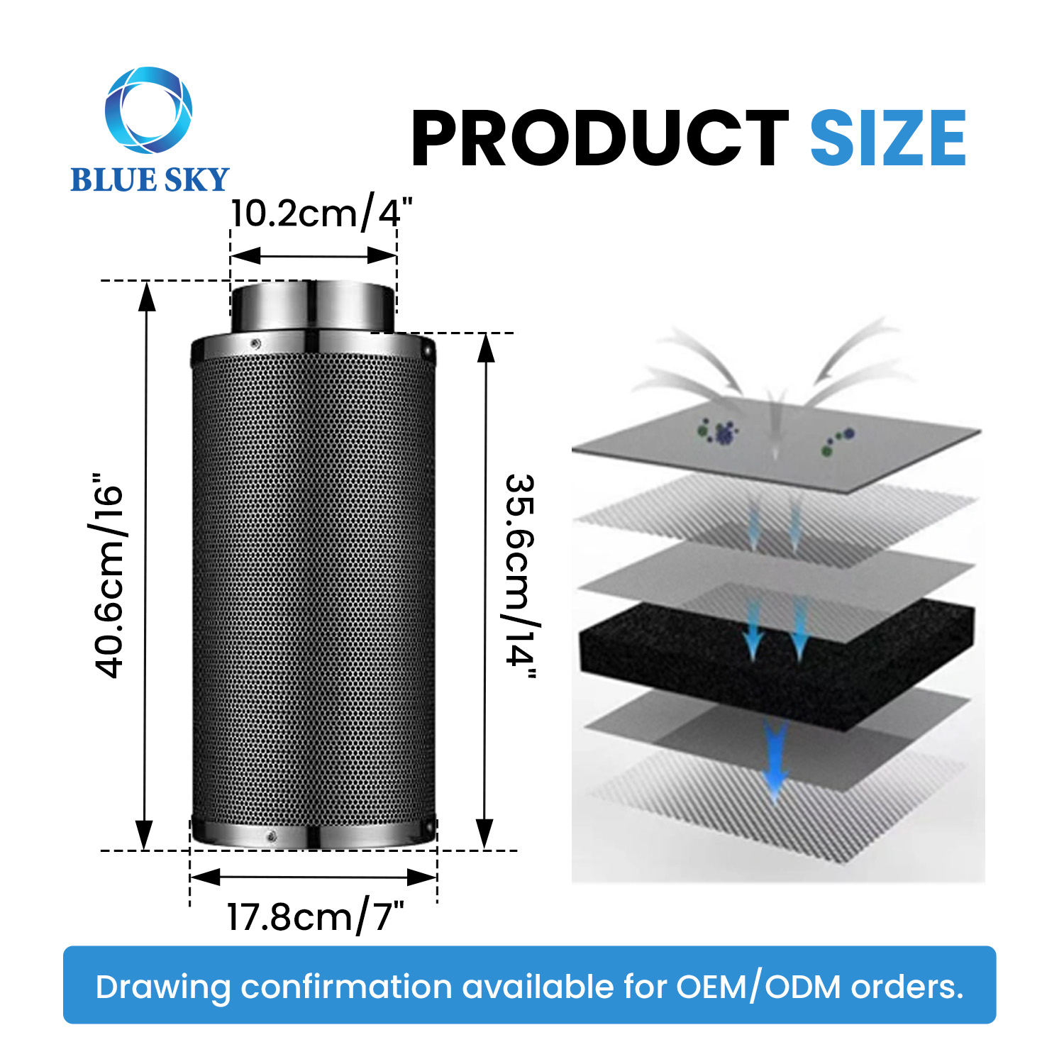 성장 텐트용 4인치 활성탄 필터 - 1200+ IAV 악취 제어 인라인 덕트 필터 210 CFM